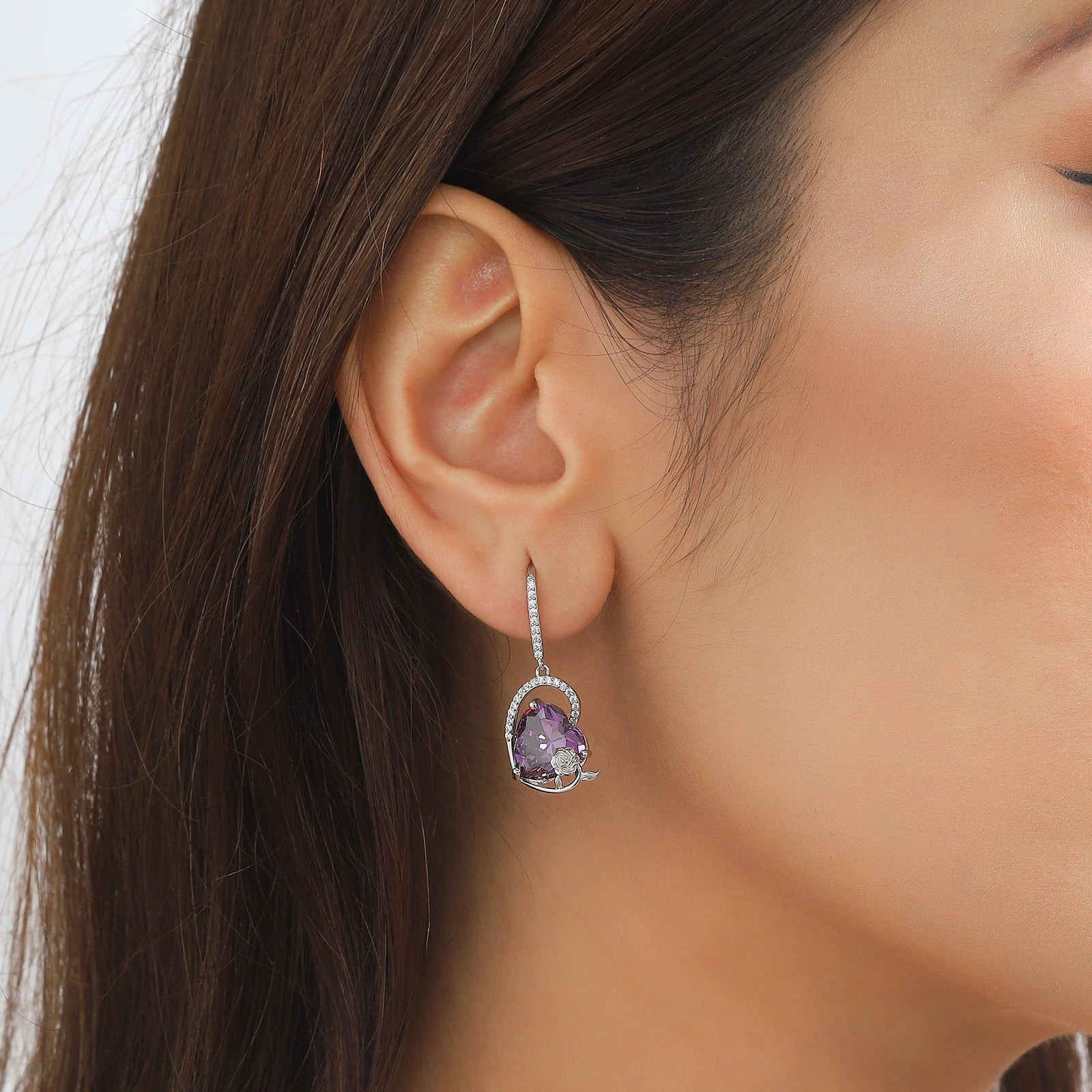 Juwaliy 925 Sterling Silver Earrings Women Heart February Birthstone Hook Dangle Earring Amethyst Purple Rose Jewelry Mother Valentine's Day Gift