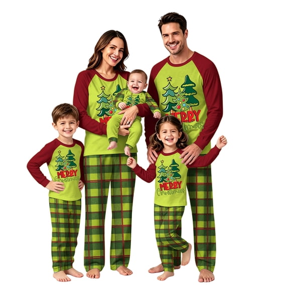 Onlypjs Family Christmas Pajamas Matching Sets Christmas Tree Raglan Tops Plaid Pants Holiday Sleepwear Loungewear for Couples, Men and Women