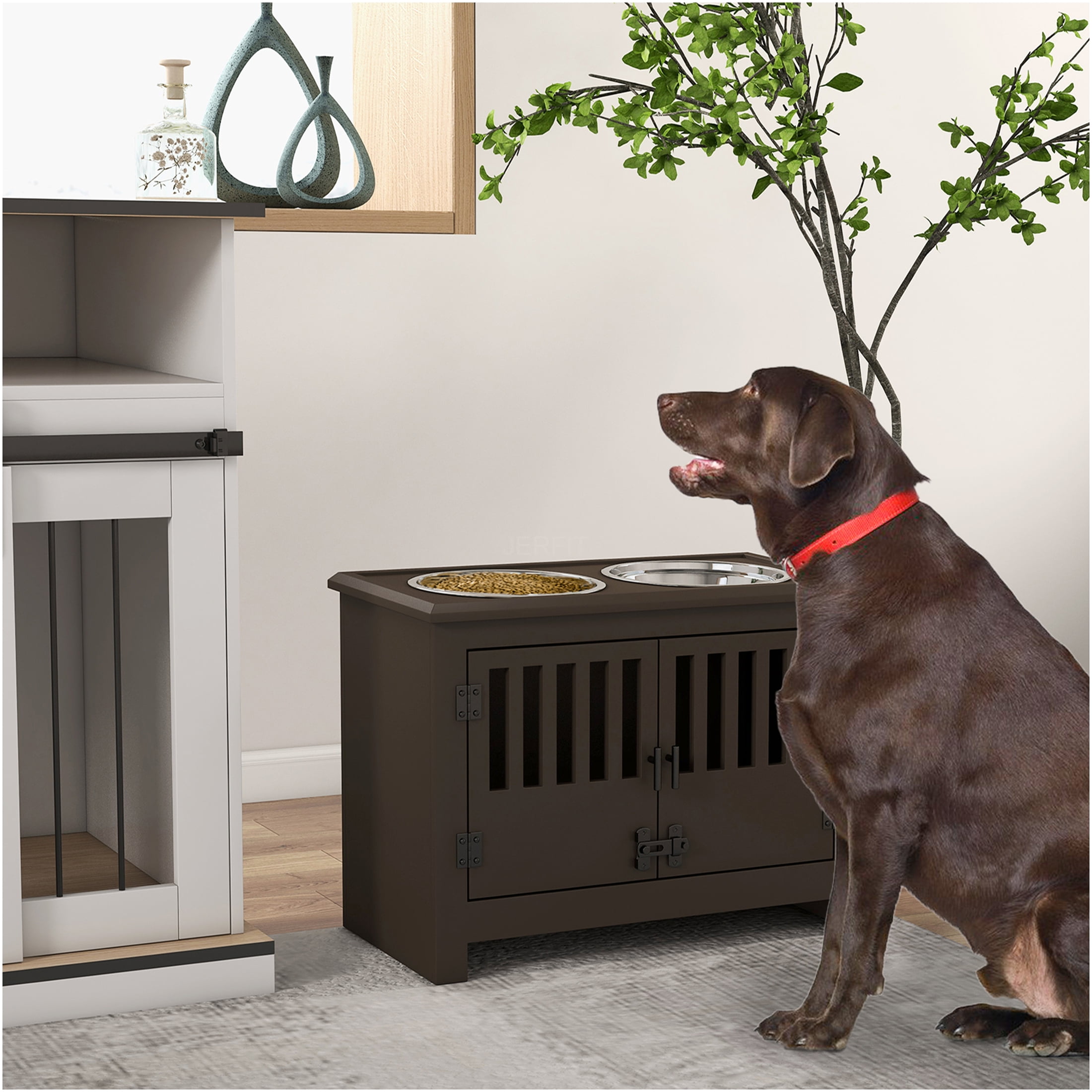 JERFIT Elevated Dog Feeder with Storage Cabinet, 37L Pet Food Organizer Stand with 2 Stainless Steel Bowls for Large Dogs, Espresso