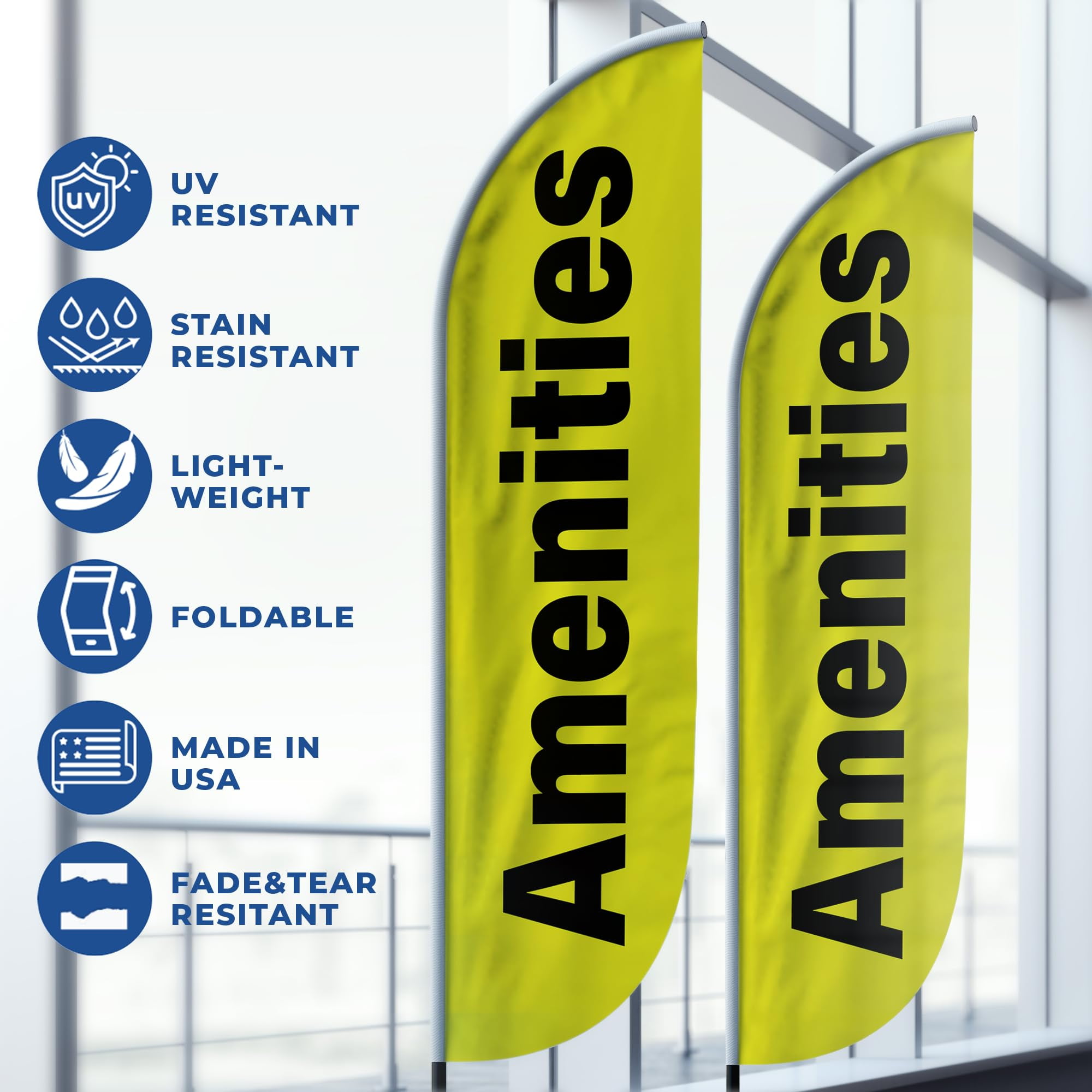 Amenities Feather Flag(11.5feetX2.5feet) by DreamController | Outdoor Business Advertising Tall Flag | Weather-Resistant Knitted Swooper Flag | Made in USA | Fast delivery | HD Print (Flag Only)