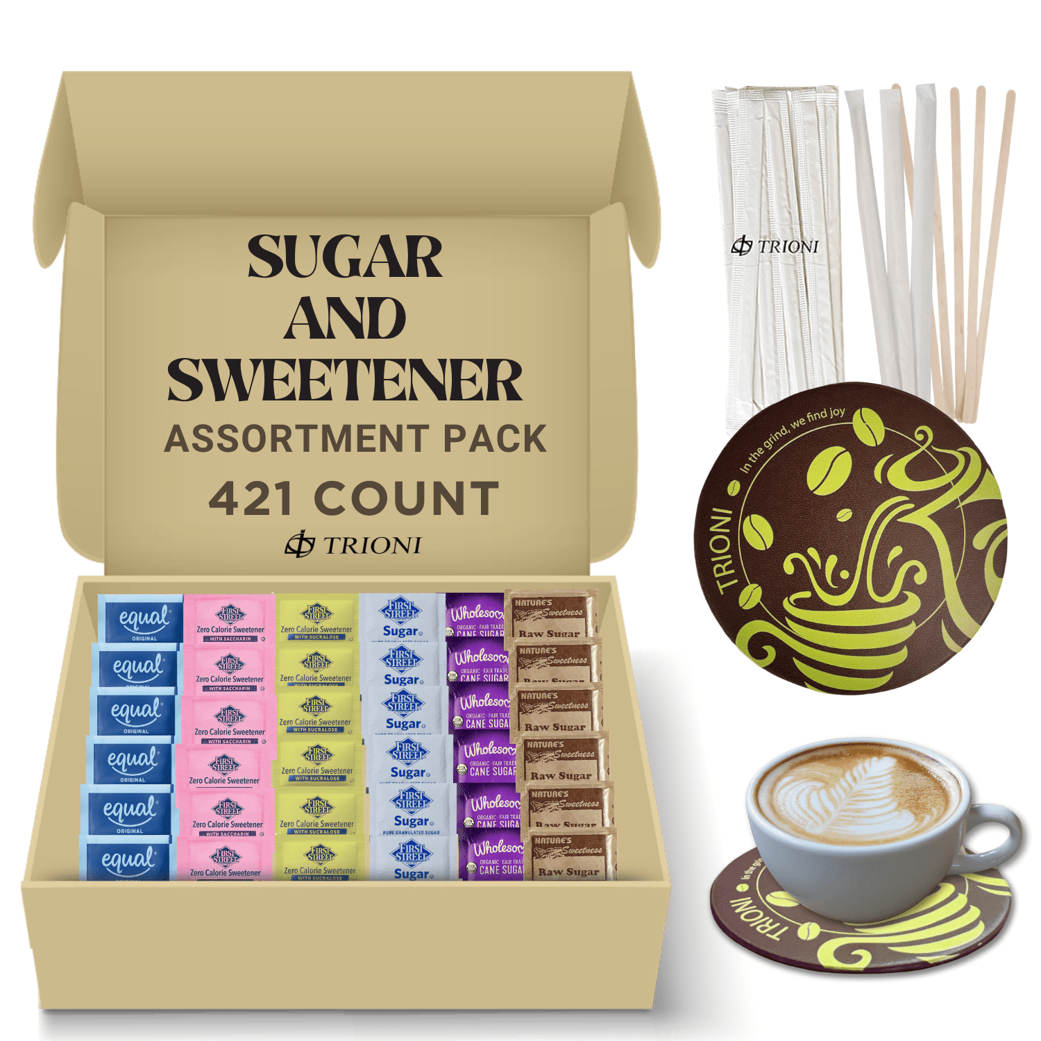 Sugar Packets and Sweetener Packets Assortment  - 421 ct of Raw, Cane, Wholesome Organic, Equal, Splenda and Saccharin Bundle Pack by TRIONI