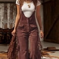 thumbnail image 2 of VIWORLD Fashion Pocket Jumpsuit: Women's Fringe-Trimmed Wide-Leg Western Overall with Adjustable Straps Dark Brown，S, 2 of 5