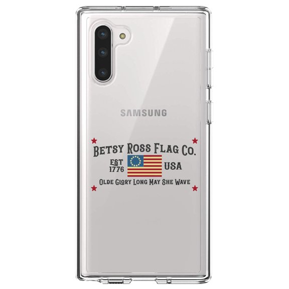 DistinctInk Clear Shockproof Hybrid Case for Samsung Galaxy Note 10 (6.3" Screen) - TPU Bumper Acrylic Back Tempered Glass Screen Protector - Betsy Ross Flag Co - Old Glory USA