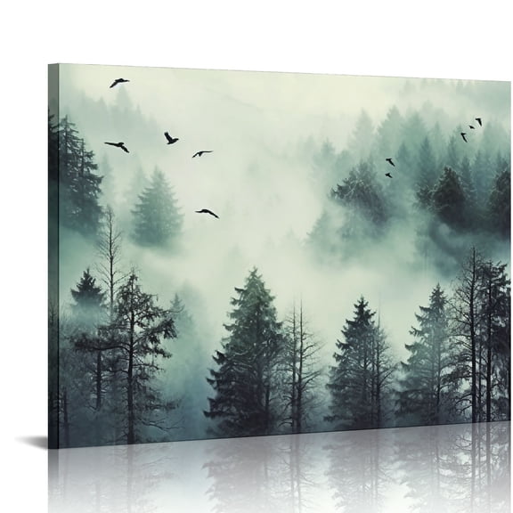 JRXY Canvas Wall Art Foggy Forest Trees Landscape Painting Modern Home Decor Wall Decor For Living Room Bedroom Office Black 20x16in