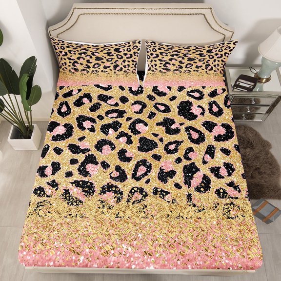 Pink Leopard Print Fitted Sheet Gold Sequins Print Sheets,Wild Animal Hide Cheetah Bed Sheets Full,African Animals Bed Set Big Cat Spot Western Decor(No Top Sheet)