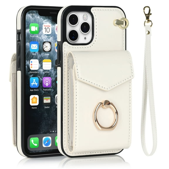 Wallet Case Compatible with iPhone 11 Pro Max, Case with Card Holder,with a strap, RFID Blocking Leather Cover 360°Rotation Ring Kickstand Protective Bumper Designed for Apple iPhone 11 Pro Max,White