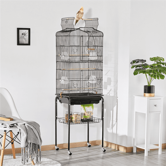 Yaheetech 64"H Open Top Metal Bird Cage Large Parrot Cage w/ Double Doors & Rolling Stand for Budgie Parrot Canary Cockatiel, Black