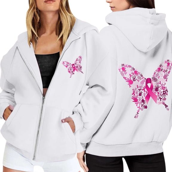 Arlun Oversized Zip up Sweatshirts for Women Pink Ribbon Cancer Awareness Loose Comfortable Hoodies Long Sleeve Drawstring Full Zip Jackets with Pockets White6 XL