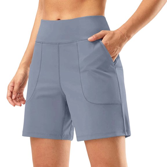 vigerkar High-Waisted Athletic Shorts for Women - 6" Inseam with Pockets, Soft Fabric for Running, Walking & Yoga (Dark Blue, L)