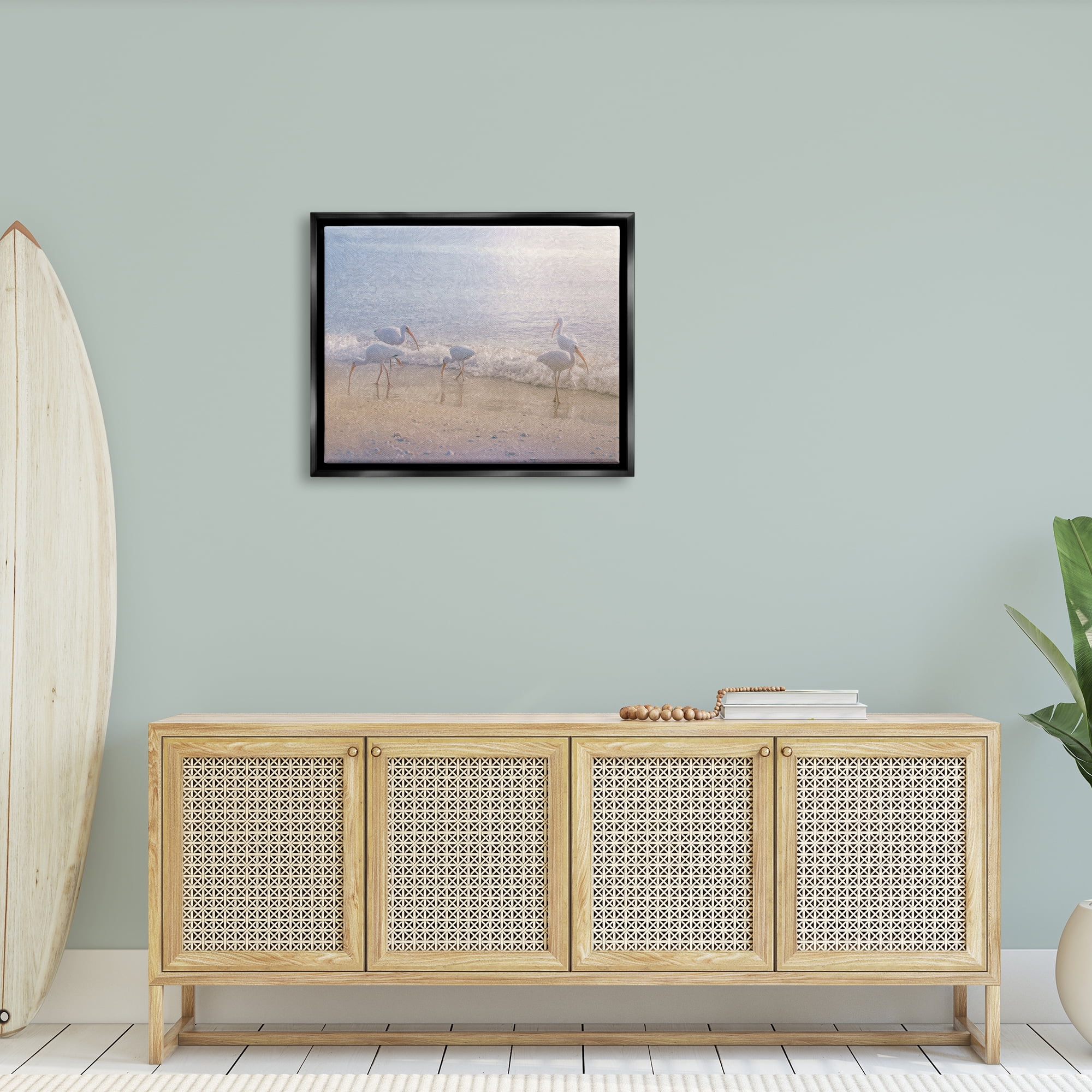 Stupell Seaside Waves Bird Flock Grazing Landscape Painting Black Floater Framed Art Print Wall Art