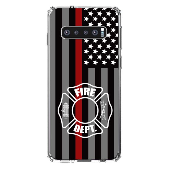 DistinctInk Clear Shockproof Hybrid Case for Samsung Galaxy S10+ PLUS(6.4" Screen) - TPU Bumper, Acrylic Back, Tempered Glass Screen Protector - FD Thin Red Line Maltese Cross -First Responders