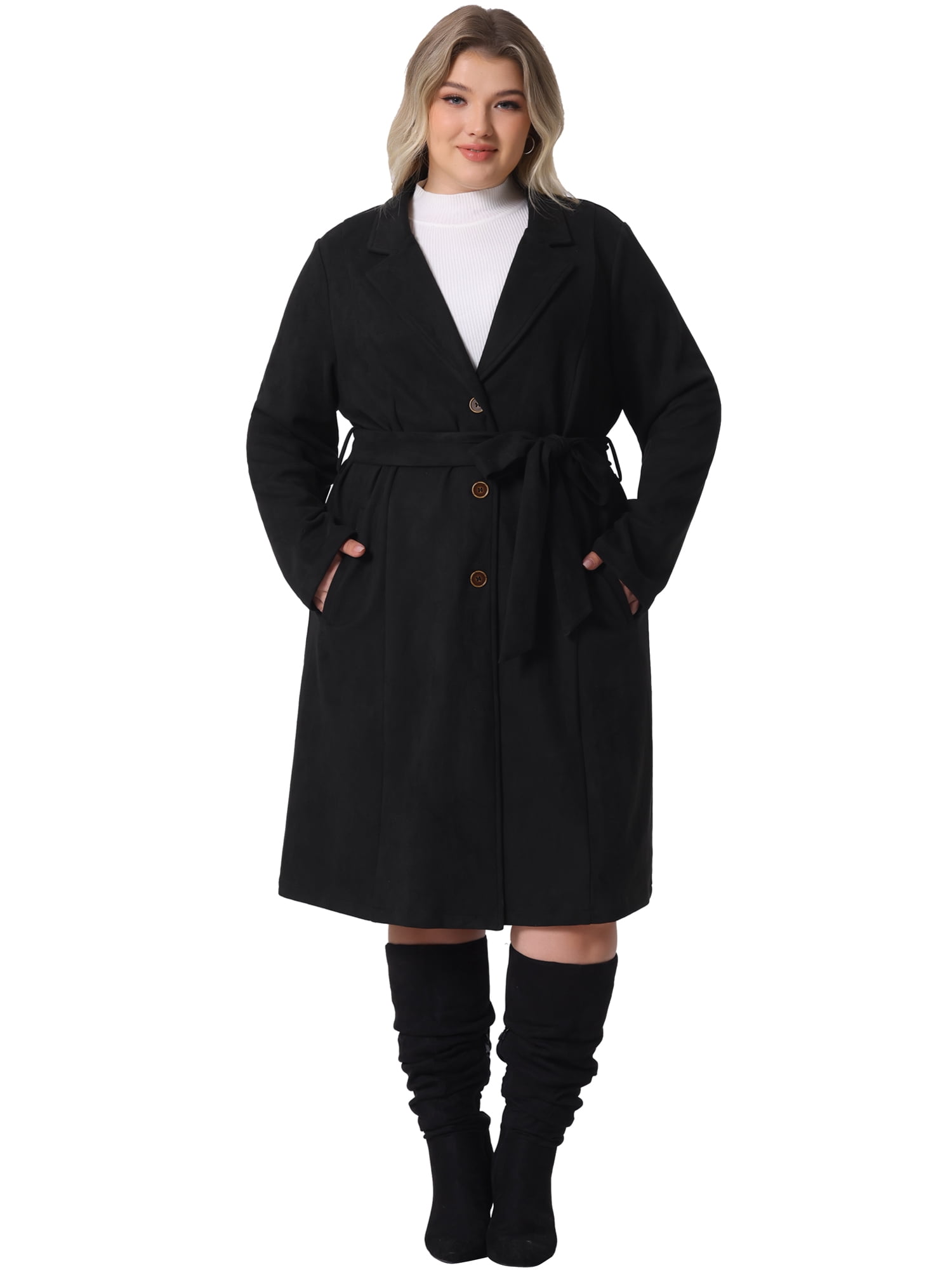 DARING DIVA Plus Size Faux Suede Trench Notch Lapel Long Sleeve Jacket 4X Black