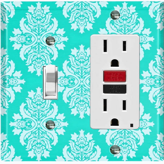Metal Light Switch Plate Outlet Cover (Victorian Damask Flower Teal Pattern - Single Toggle Single Rocker)
