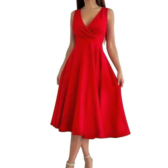biudgviw Womens Cocktail Dress Sleeveless V Neck Midi Dress Elegant Casual A Line Formal Swing Dress for Wedding Party