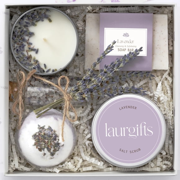 Cesta de regalo para spa LaurGifts Lavender con vela y bomba de baño