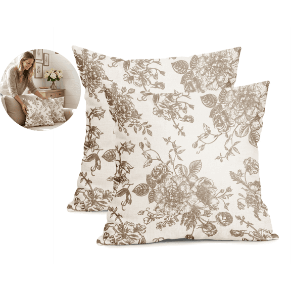 18x18 Throw Pillow Covers Set of 2, Vintage Floral Farmhouse Pillow Cases, Double Sided Linen Blend for Sofa Couch Bed, Tan & Cream