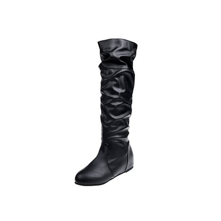 

Fangasis Ladies Knee High Boots Slouchy Winter Shoes Pleated Flat Boot Dress Work Fashion Pull On Black 8.5