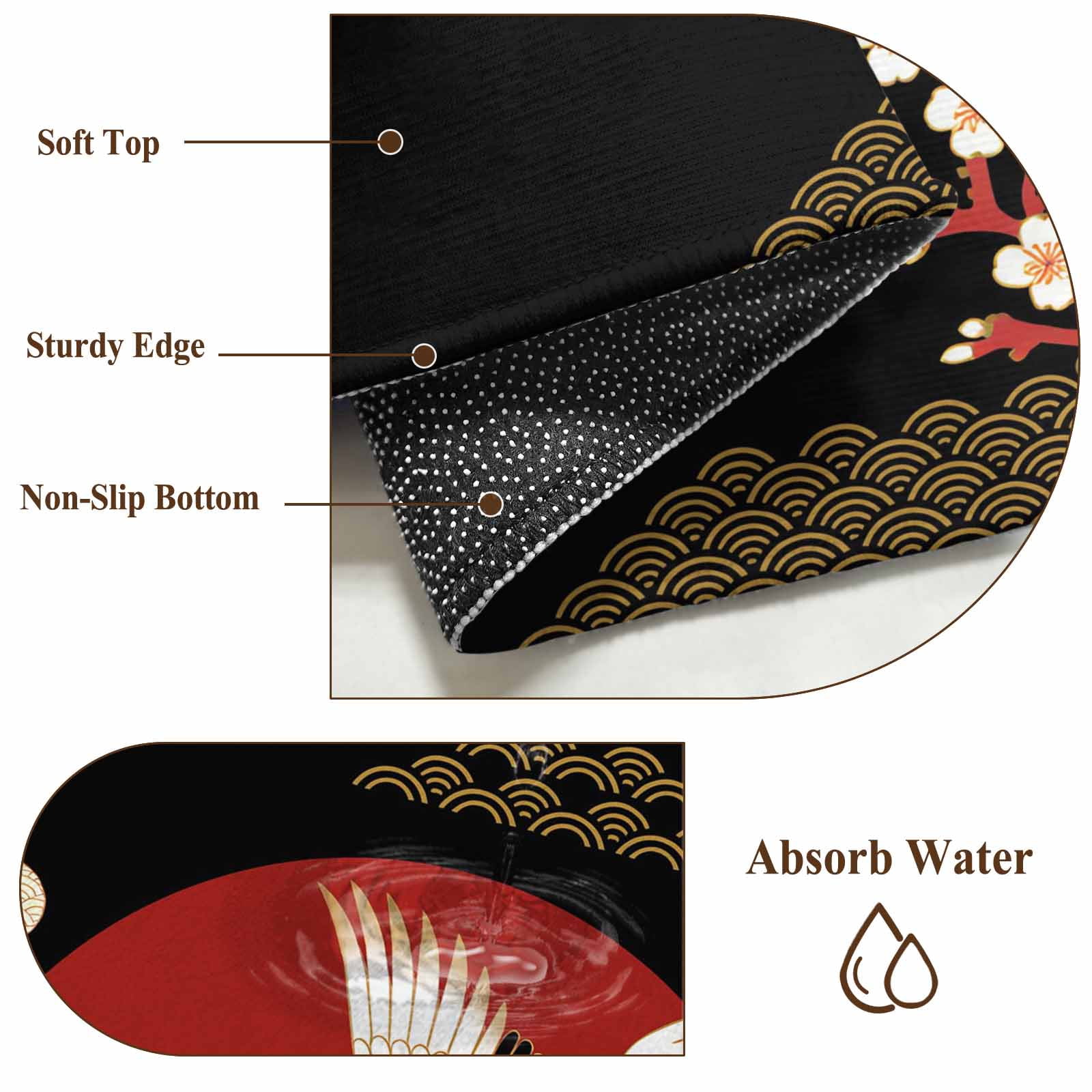 Japanese Style Round Area Rugs Collection 3.3', Modern Cranes Cherry Flower Wave Red Brown Non Slip Indoor Circular Throw Runner Rug Floor Mat Carpet for Living Room Dining Table Bedroom Nursery