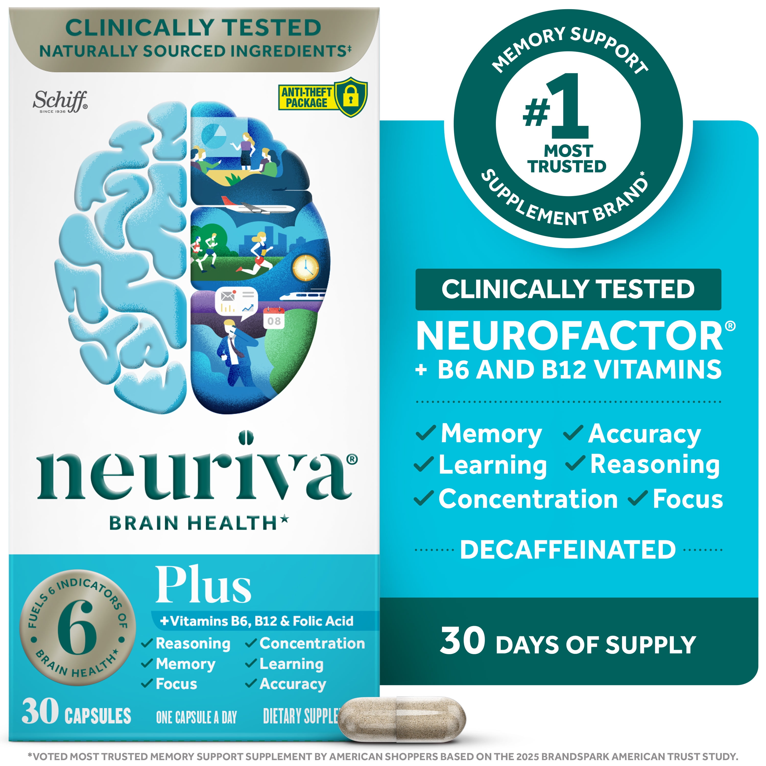 (3 pack) Neuriva Plus Brain Health Supplement, Vitamins B12 & B6, Support for Memory and Focus, 30ct Capsules