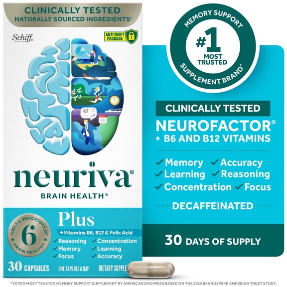 Neuriva Plus Brain Health Supplement, Vitamins B12 & B6, Support for Memory and Focus, 30ct Capsules