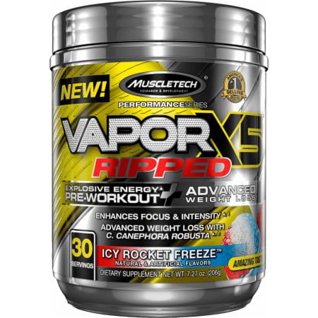 MuscleTech Vapor X5 Ripped Explosive Energy Pre Workout Powder, Icy Rocket Freeze, 30