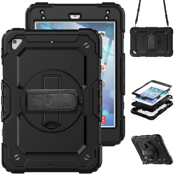 Case for iPad Mini 5 2019/Mini 4 2015 (5th/4th Generation 7.9 inch) with Screen Protector, 360 Degree Rotating Kickstand Hand Strap Shockproof Cover with Shoulder Strap, Black