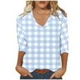 thumbnail image 5 of Sakmal Womens 3/4 Sleeve Summer Tops Plaid V-Neck Loose Fit Shirts Blue Blouses Casual Tops for Women, 5 of 5