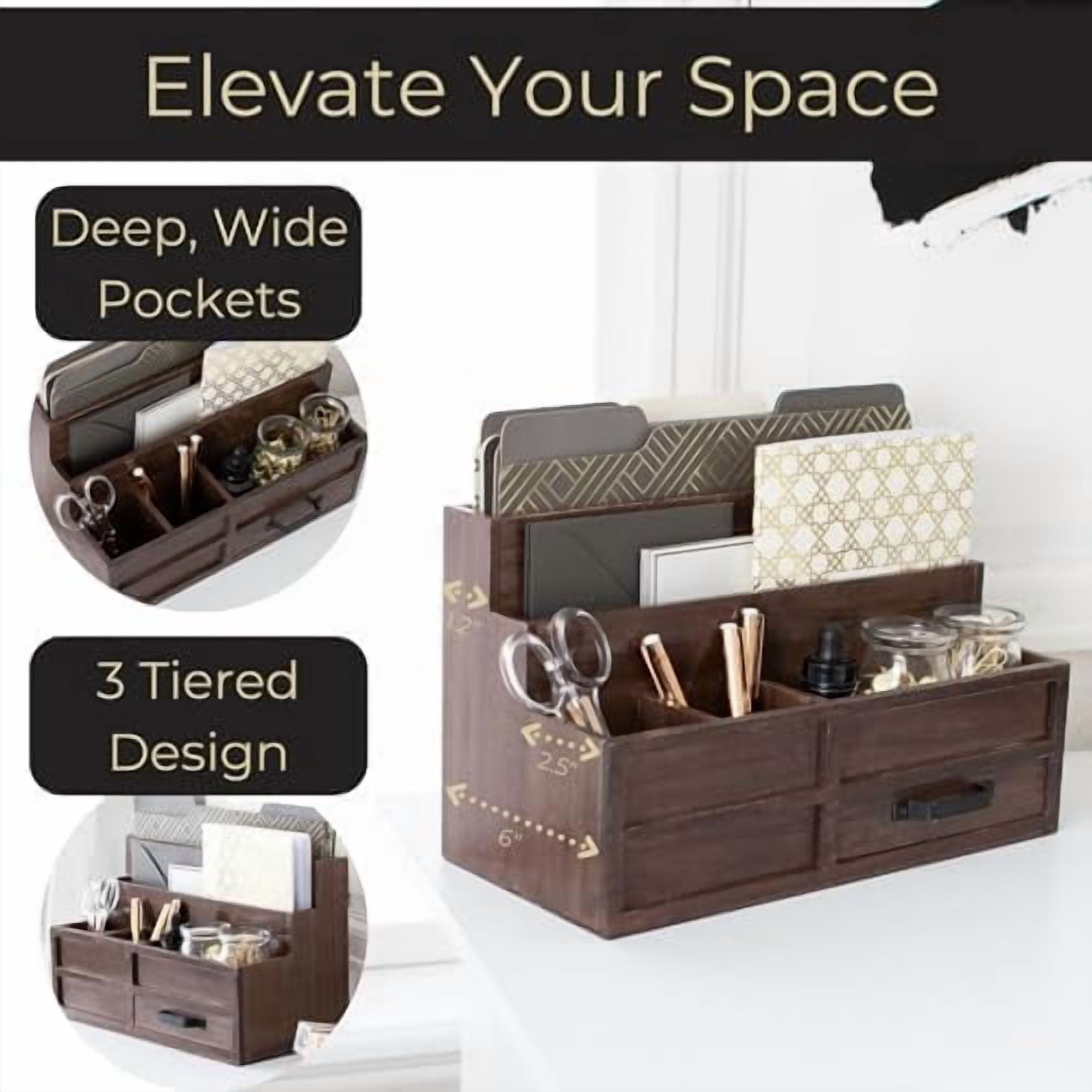 Brown Wood Mail Organizer with Drawer & Pen Holder – Desk Organizer for Bills, Storage, Countertop & Kitchen