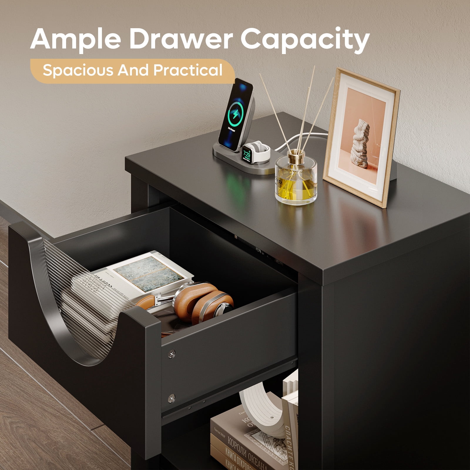 Bestier Black Nightstands Set of 2 with Charging Station, Modern LED End Table Bedside Table with Drawer for Bedroom, Living Room