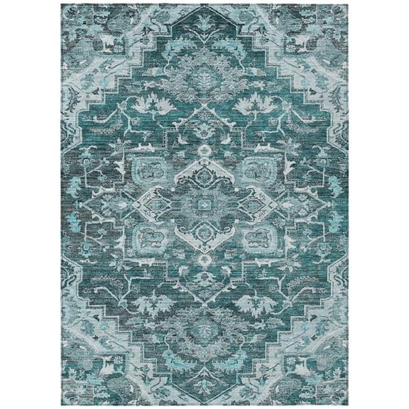 HomeRoots 586418 9 x 12 ft. Oriental Washable Indoor & Outdoor Rectangle Area Rug, Teal Blue, Gray & Charcoal
