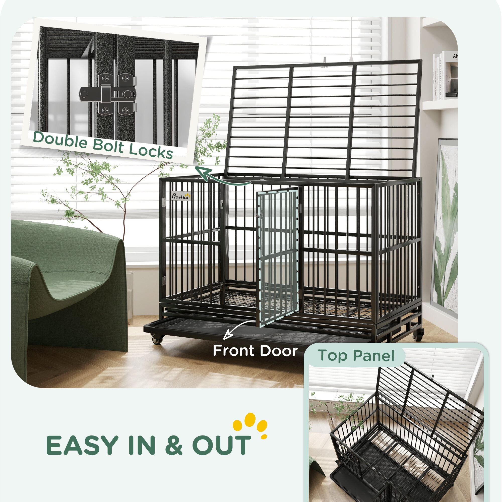Dog Crate, PawHut 48" Heavy Duty Dog Crate Metal Cage Kennel with Lockable Wheels, Double Door and Removable Tray, Gray, Gray Pet Playpen,Steel Chicken Coop, Pet Supplies Pens & Hutches