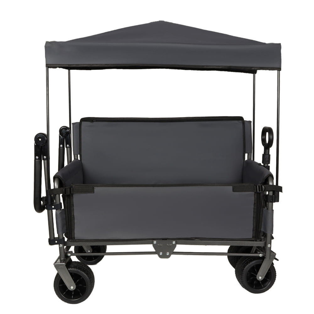 3-in-1 Folding Wagon Cart with Bench Seat,Canopy and Storage, All-Terrain Wagon with Back Pocket,Cup Bags, Adjustable Handle,500lbs Capacity,Heavy Duty Utility Cart for Camping,Beach,Sports,Gray