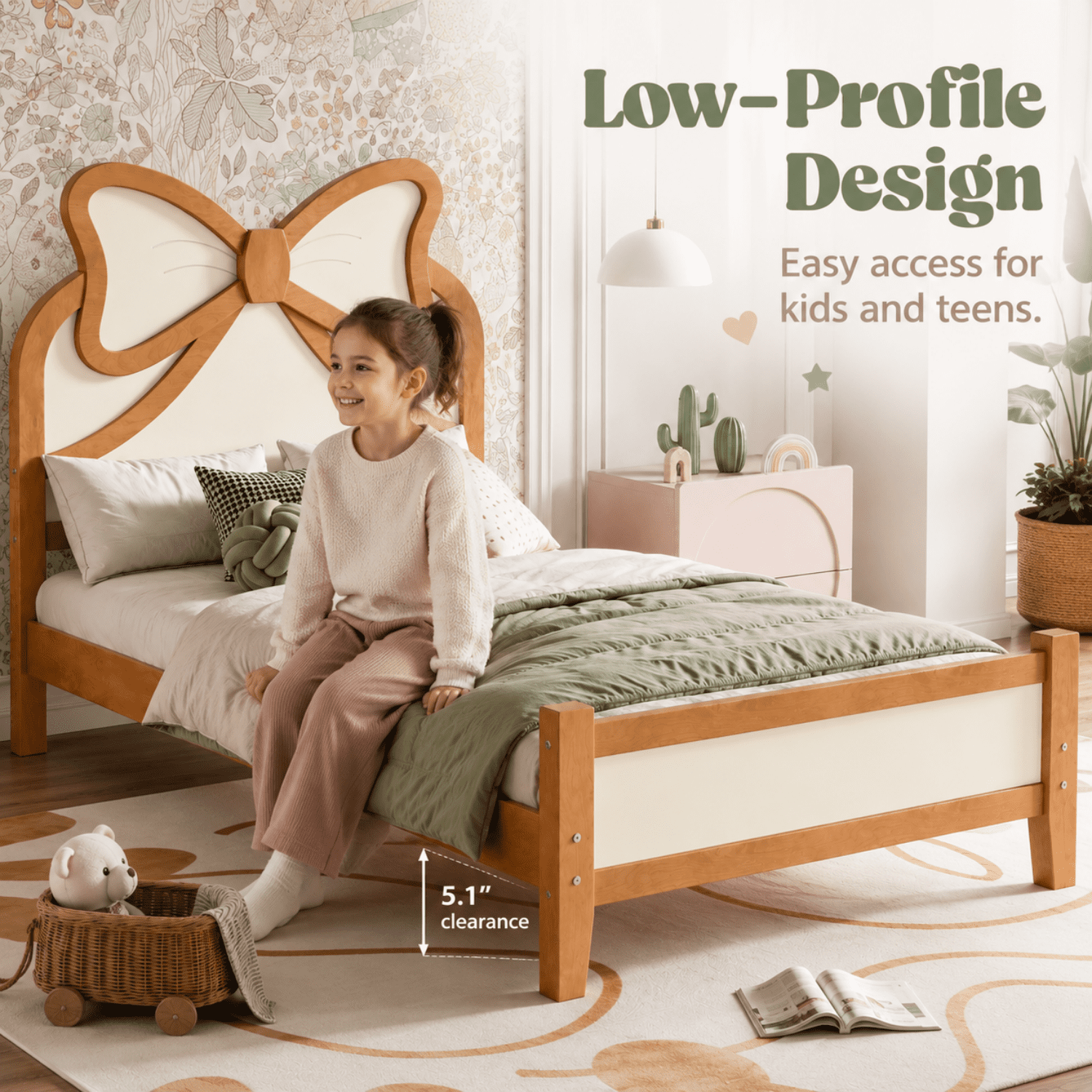 Miniyam Twin Size Kids Platform Bed with Bow-Shaped Headboard, Wood Bed Frame, Natural