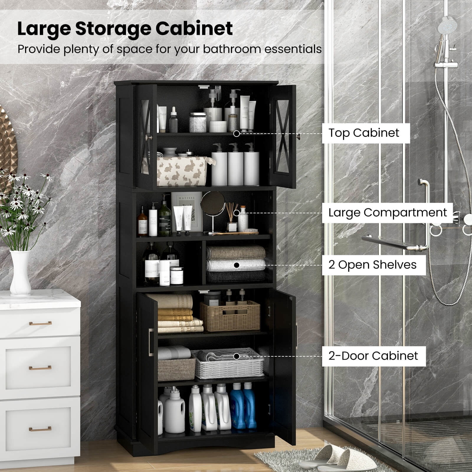 Costway Tall Bathroom Cabinet Large Floor Storage Cabinet with Acrylic Doors & 3 Cubes Black