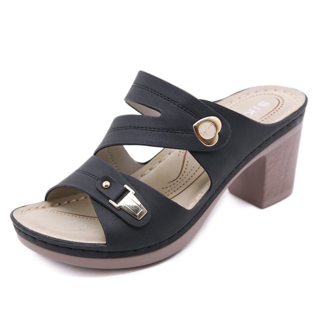 Sandalias de empalme con hebilla de metal para mujer Tacón grueso Tacón alto Zapatillas cómodas de talla grande