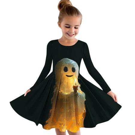 

Girls Dresses Round Neck Long Sleeves Dress Up Clothes for Play Halloween Printed Vintage Plus Size Swings Dress 2024 Black 9 Years