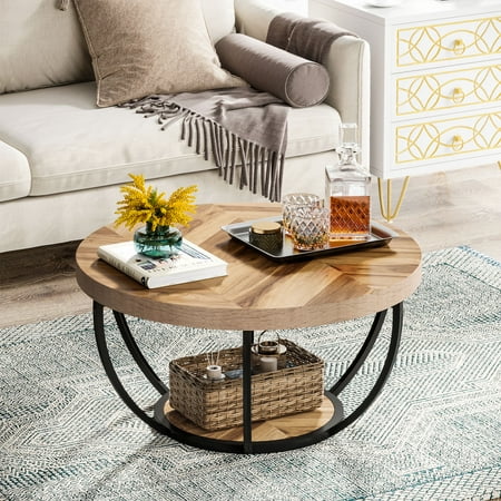 Tribesigns 32 Inches Round Coffee Table, Modern 2-Tier Center Table with Storage Open Shelves, Wooden Circle Coffee Table Sofa Side Table with Metal Legs, Wooden Grain and Black