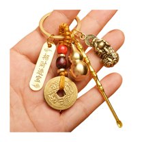 HUANLEDASH Vintage Lucky Gourd Keychain Pendant Solid Brass Coins Purse Keychain Charm Feng Shui Keyring Wealth-Attracting Key Holder