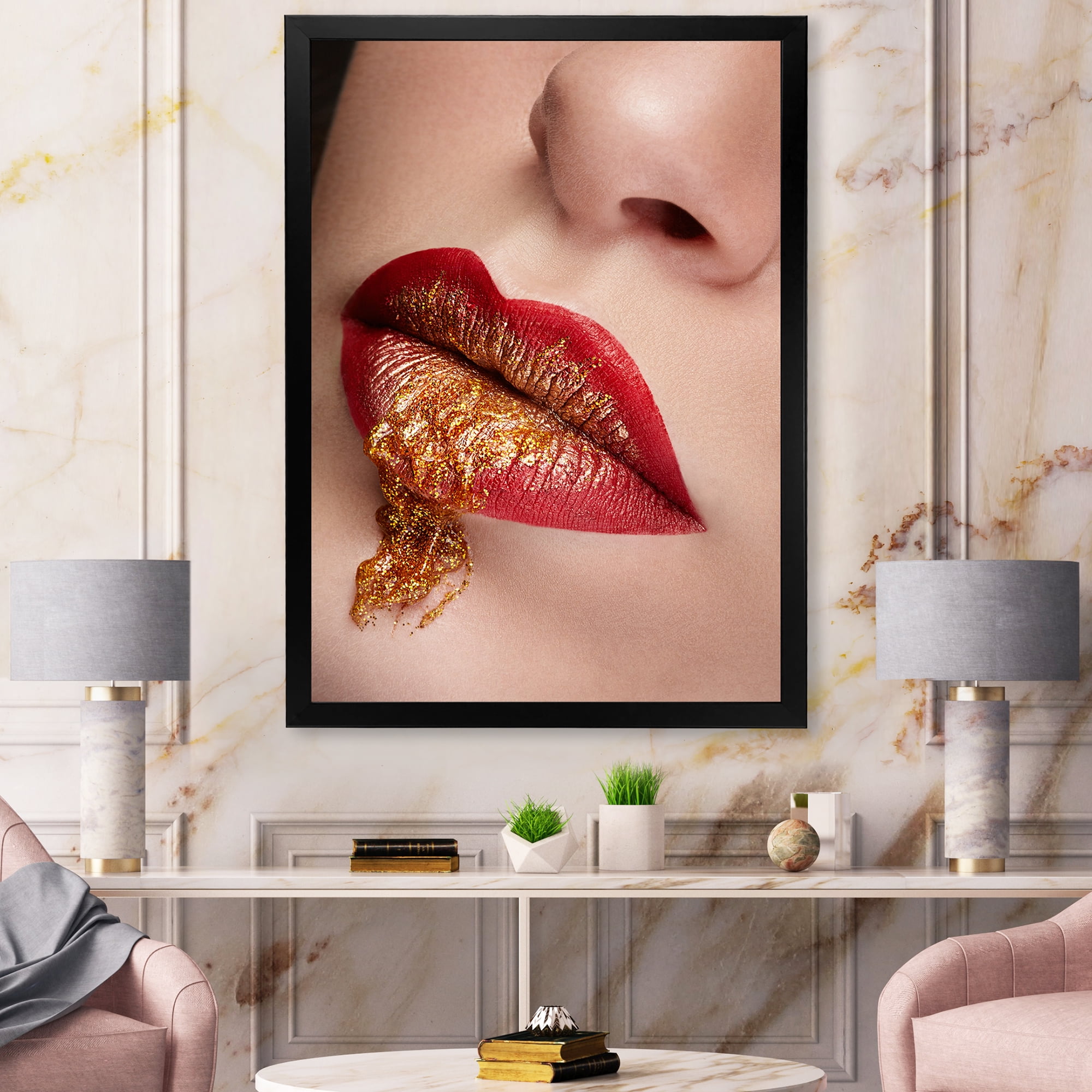 Designart 'Close Up Lips With Gold and Red Make Up' Modern Framed Art Print