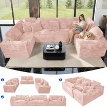 SEENYOO 135.5" Cloud Couch,Boneless Sectional Sofa for Living Room,Pink U Shaped Couch with Chaise,6-Seater,Corduroy Fabric,Freely Configurable Layout