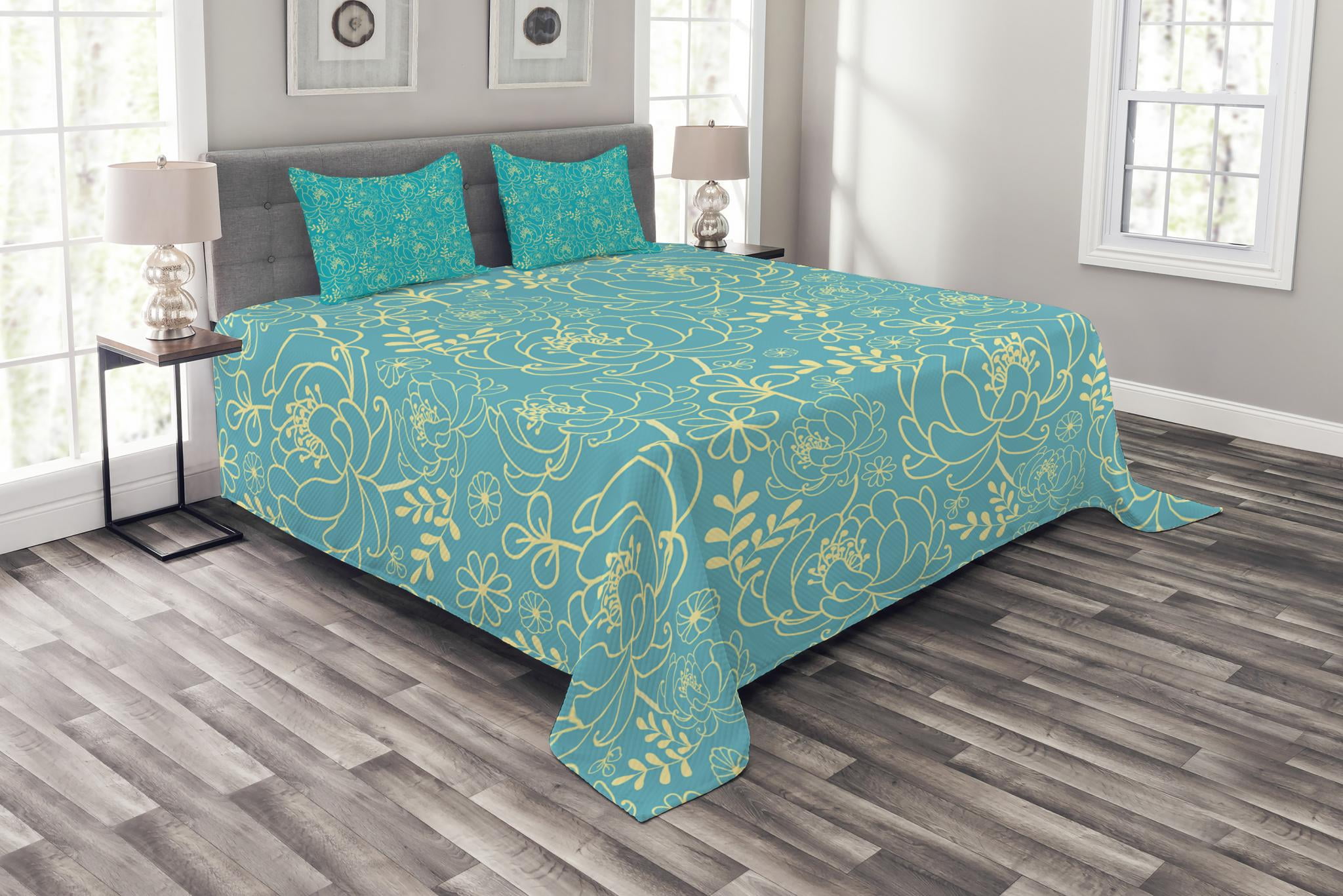 Yellow and Blue Bedspread Set Queen Size, Classic Floral Twig Leaves Blooms Petals Essence