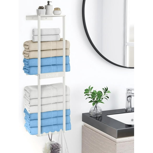 Bathroom Towel Storage Rack, Wall Towel Rack for Rolled Towels, 3 Tier Towel Holder Shelf with 4 Hooks for Small Bathroom, White