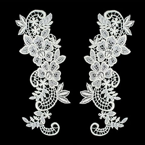 12 Colors Pair of Floral Venice Lace Applique Embroidered Bridal Guipure Patch Motif (2 Pieces) (Ivory)