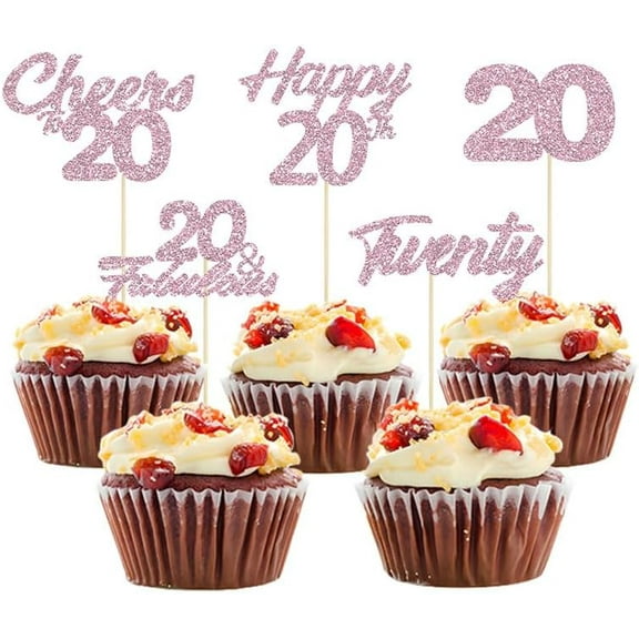 12pcs Happy 20th Birthday Cupcake Toppers Hello 20 Cupcake Picks 20 & Fabulous Decorations for Cheers to 20 Years Birthday Wedding Anniversary Party Cake Decorations Supplies （Pink）