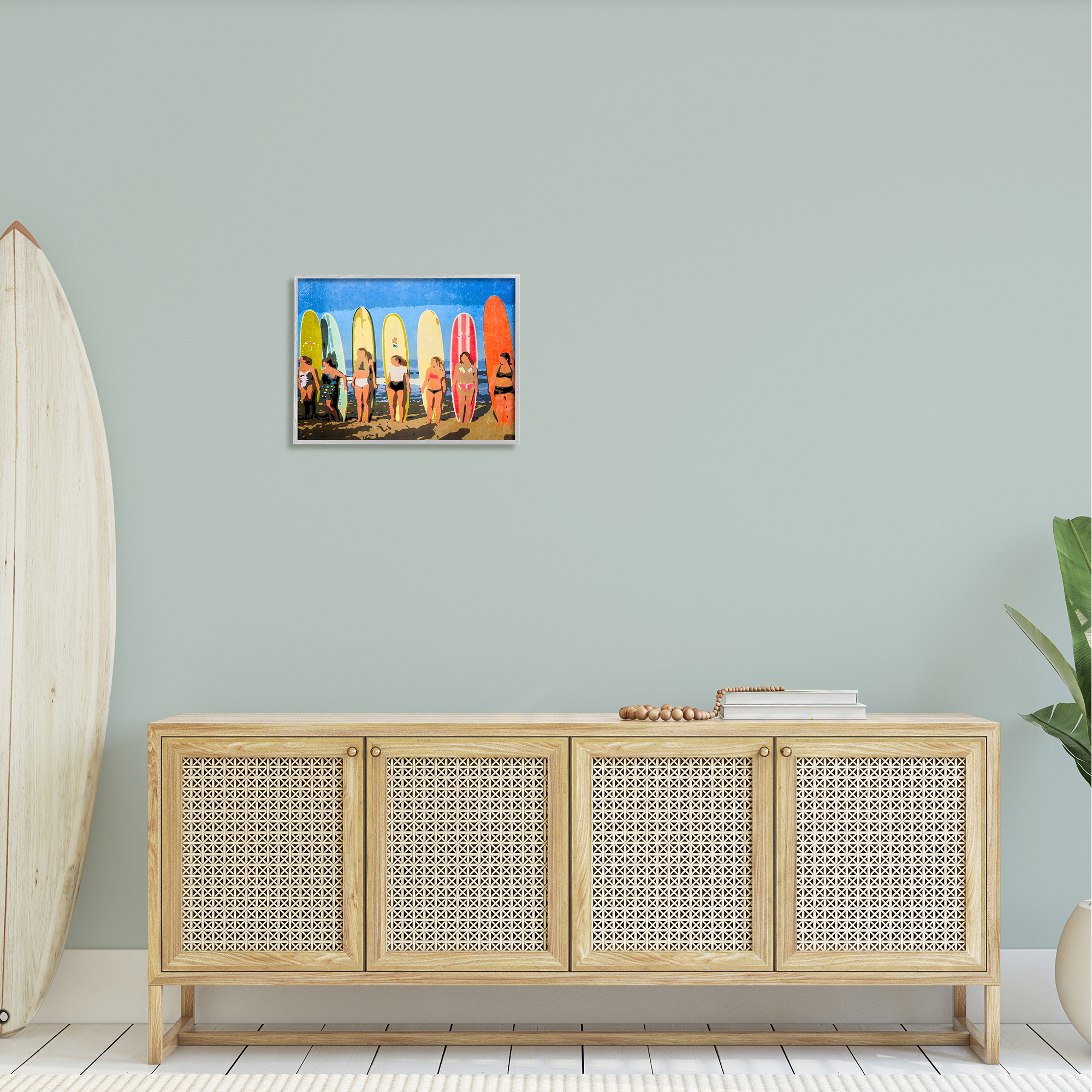 Stupell Industries Modern Pop Style Women Surfing Ocean Sports Graphic Art Gray Framed Art Print Wall Art, Design by Graffitee Studios
