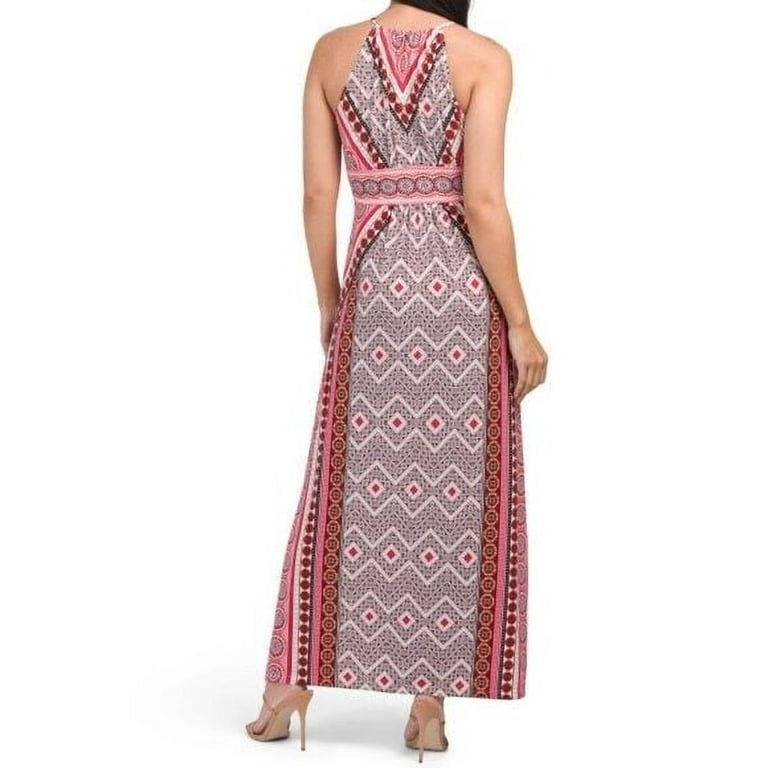 London Times Women's Zig Zag Medallion Printed Keyhole Halter Morris Maxi Dress-Regular / 8