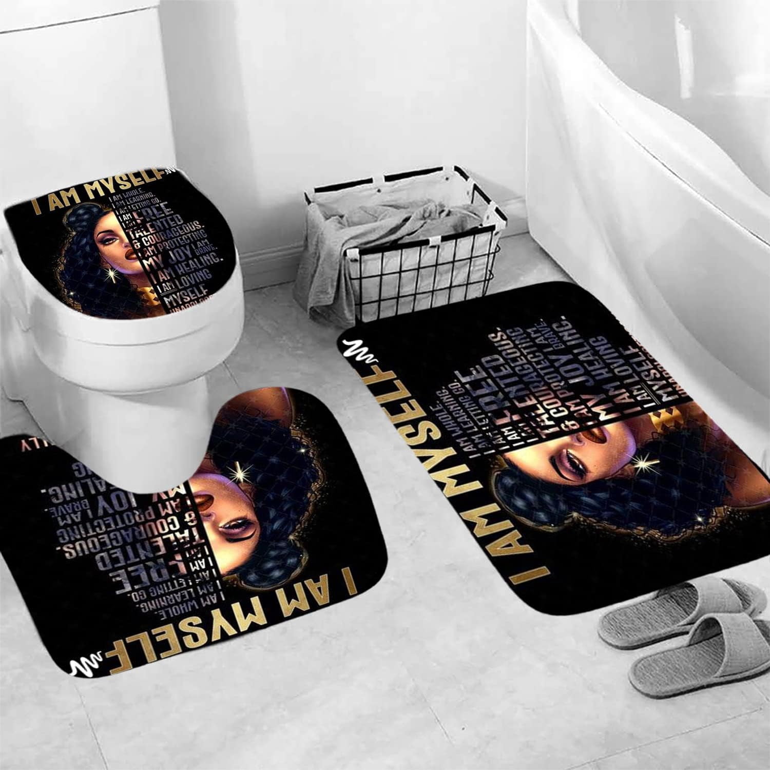 Paris View Sexy Black Woman Shower Curtains for Bathroom, African American with Pink Roses Bathroom Sets with Shower Curtains and Rugs, Eiffel Tower Afro Woman Bath Curtains