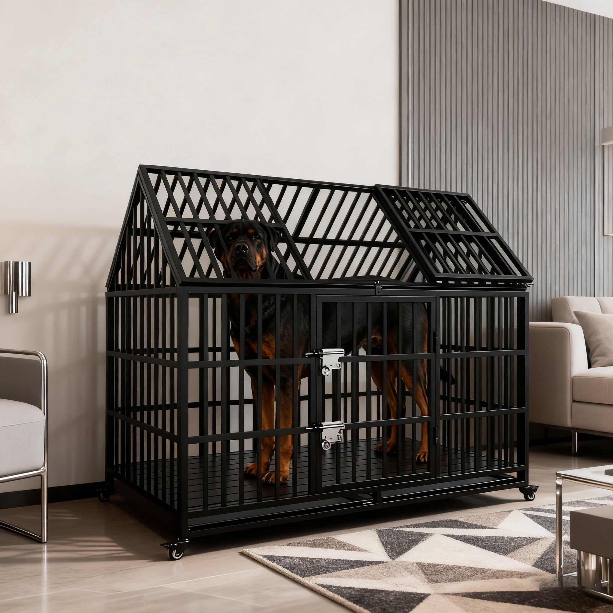 Heavy Duty Dog Crate for Large Dogs, 58 inches Extra Large Dog Kennel Indoor, Indestructible Dog Crate for High Anxiety Dogs, Double Door with Wheels