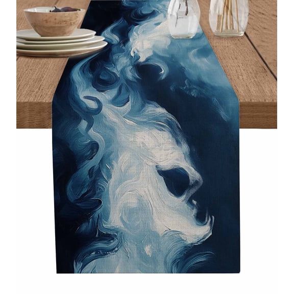 Blue Abstract Art Burlap Cotton Table Runner 16x72 Inches Long, Modern Waves Art Farmhouse Table Runners, Outdoor Dining Tablecloths Decor for Baby Shower/Party/Wedding