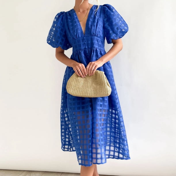 Vestido Vestido largo de mujer con cintura alta y manga corta con cuello en V (azul XL) Ygjytge Azul T XL para Mujer
